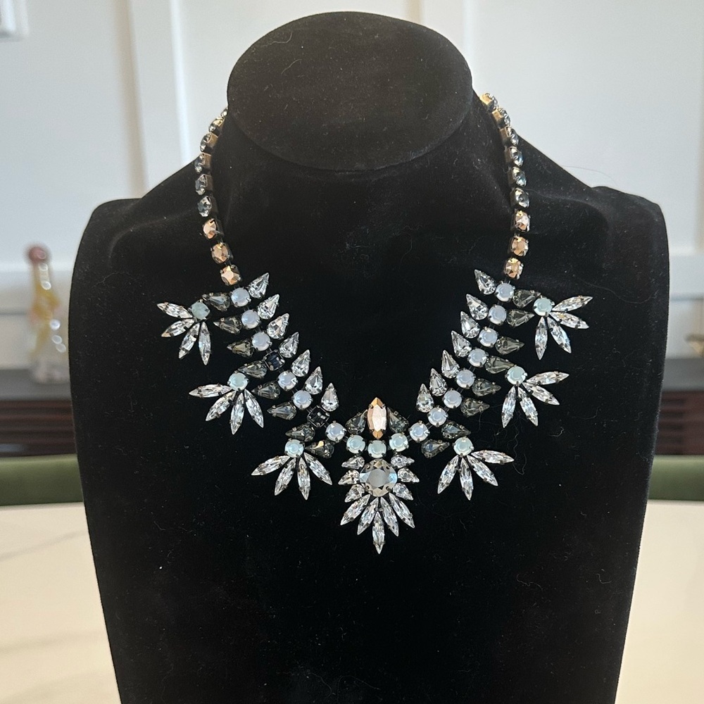 TOVA - Clear, Montana, Opal, & Grey Crystal Necklace in Antique Silver